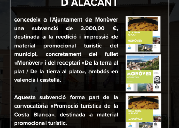 L’Ajuntament de Monòver rep una ajuda del Patronat Provincial de Turisme Costa Blanca destinada a material promocional turístic